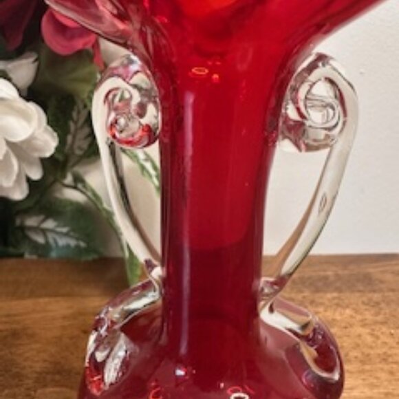 Vintage Ruby Red Art Glass Vase Clear Scroll Handles Ruffled Rim Elegant Mid-Cen - Picture 4 of 4